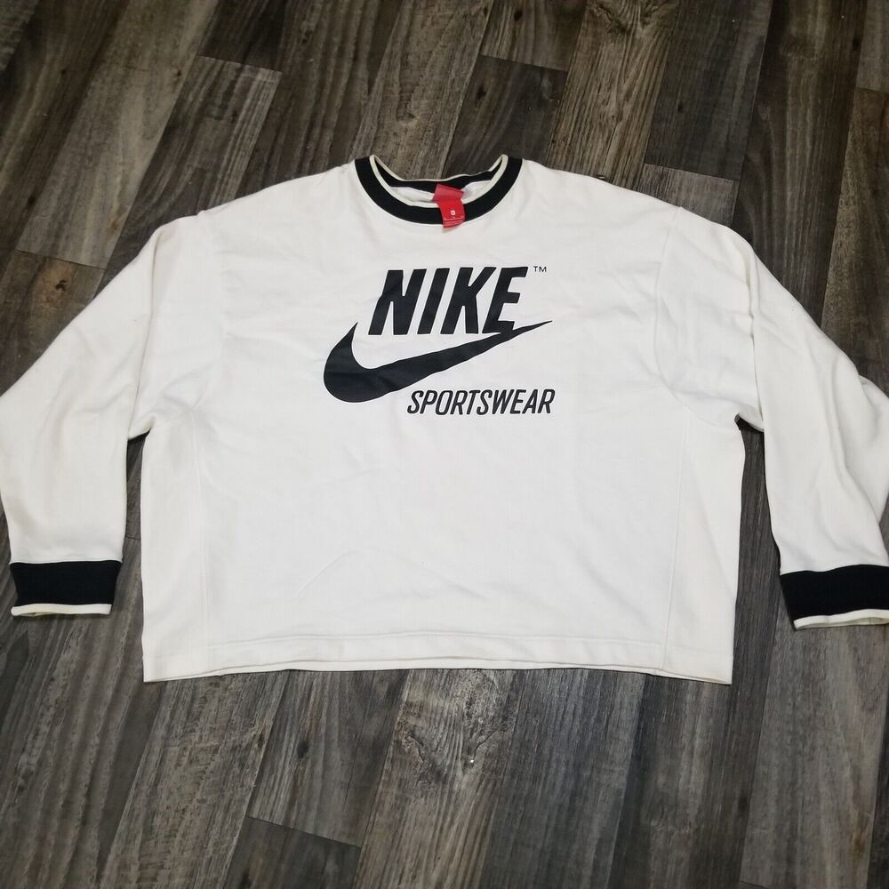 Nike Women’s Sweater Crop Top Spellout Sz XL Swoosh Vintage‎ Crop Short White